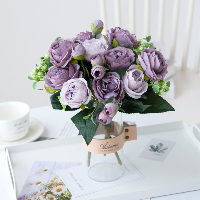 9 fejű művirág fehér bazsarózsa tearózsa őszi selyem váza barkácsoláshoz otthoni kertben esküvői dekoráció hamis növények