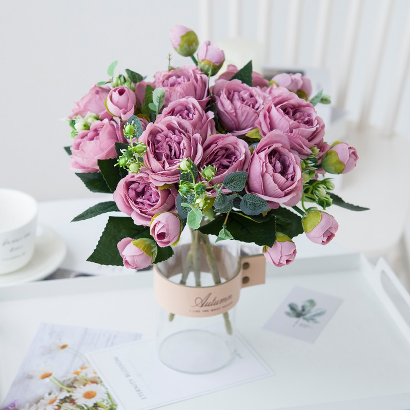 9 fejű művirág fehér bazsarózsa tearózsa őszi selyem váza barkácsoláshoz otthoni kertben esküvői dekoráció hamis növények