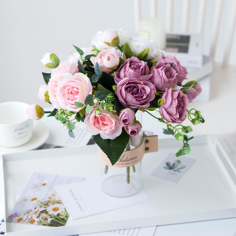 9 fejű művirág fehér bazsarózsa tearózsa őszi selyem váza barkácsoláshoz otthoni kertben esküvői dekoráció hamis növények