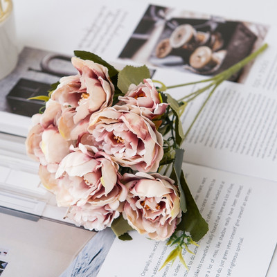 5 fej európai csinos menyasszonyi csokor esküvői selyem bazsarózsa Olcsó hamis növényi művirágok otthoni dekorációhoz karácsonyi beltéri