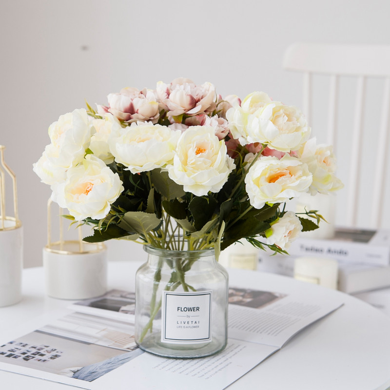 5 fej európai csinos menyasszonyi csokor esküvői selyem bazsarózsa Olcsó hamis növényi művirágok otthoni dekorációhoz karácsonyi beltéri