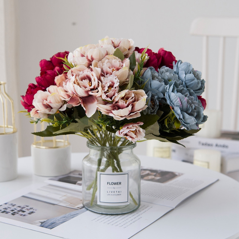 5 fej európai csinos menyasszonyi csokor esküvői selyem bazsarózsa Olcsó hamis növényi művirágok otthoni dekorációhoz karácsonyi beltéri