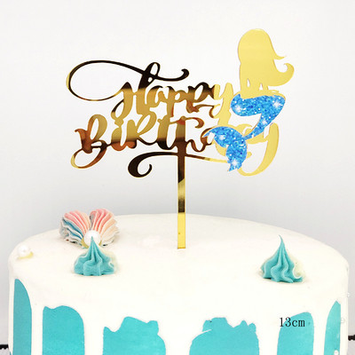 ins Mermaid Happy Birthday Cake Topper Golden Boy Girl Akrila dzimšanas dienas ballītes kūku pildītāji bērniem Kūkas dekorēšana Baby shower
