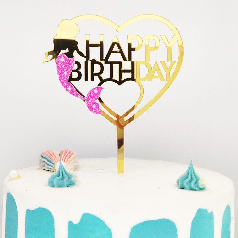 ins Mermaid Happy Birthday Cake Topper Golden Boy Girl Akrila dzimšanas dienas ballītes kūku pildītāji bērniem Kūkas dekorēšana Baby shower