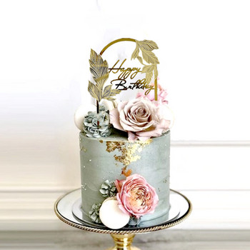 Нов топер за торта от розово злато Честит рожден ден Листа от златна арка Акрилни топери за торта Декорация Детско парти за рожден ден Консумативи за печене