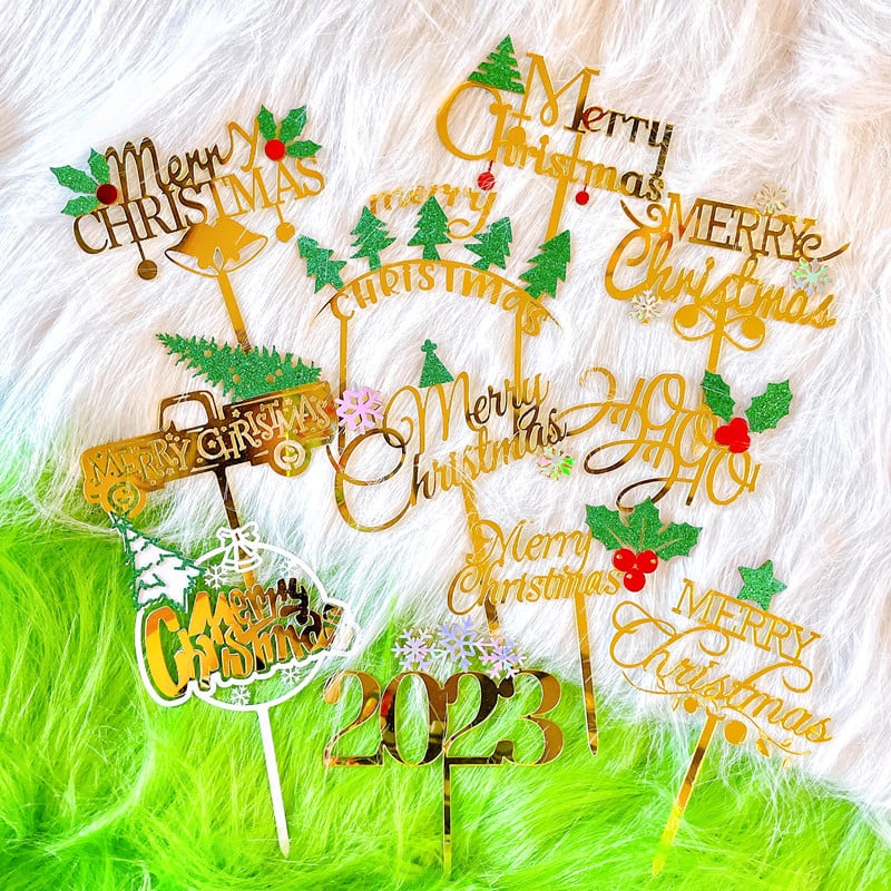 2023. aasta uus rõõmsate jõulude koogitops Kuldne jõulupuu lumehelves akrüülkoogitops lastele jõulude kodupeo magustoidu kaunistus