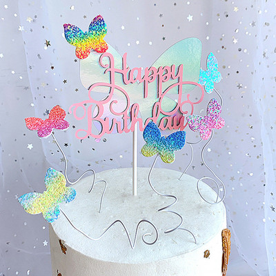 Нова 3D цветна пеперуда Торта за торта за рожден ден Wedding Bride Party Cupcake toppers за Baby shower Рожден ден Десерт Декорация
