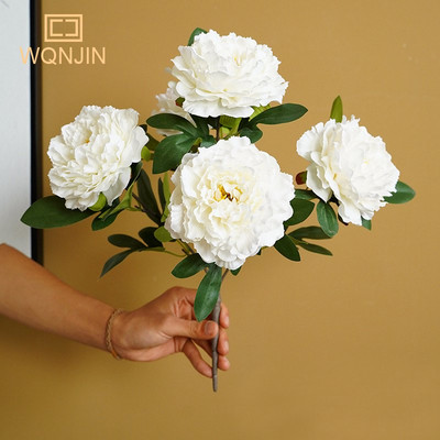 WQNJIN 5 Big Heads Rose Red Peony Τεχνητά λουλούδια Μπουκέτο ψεύτικο λουλούδι για το σπίτι Νύφη Στολισμός γάμου Διακόσμηση γάμου