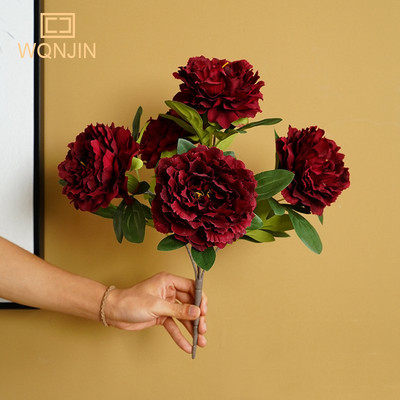 WQNJIN 5 Big Heads Rose Red Peony Τεχνητά λουλούδια Μπουκέτο ψεύτικο λουλούδι για το σπίτι Νύφη Στολισμός γάμου Διακόσμηση γάμου