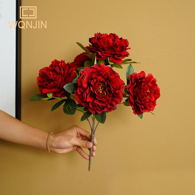 WQNJIN 5 Big Heads Rose Red Peony Τεχνητά λουλούδια Μπουκέτο ψεύτικο λουλούδι για το σπίτι Νύφη Στολισμός γάμου Διακόσμηση γάμου