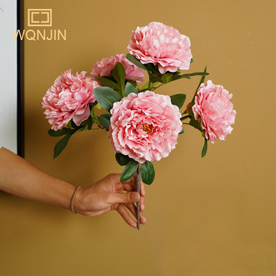 WQNJIN 5 Big Heads Rose Red Peony Τεχνητά λουλούδια Μπουκέτο ψεύτικο λουλούδι για το σπίτι Νύφη Στολισμός γάμου Διακόσμηση γάμου