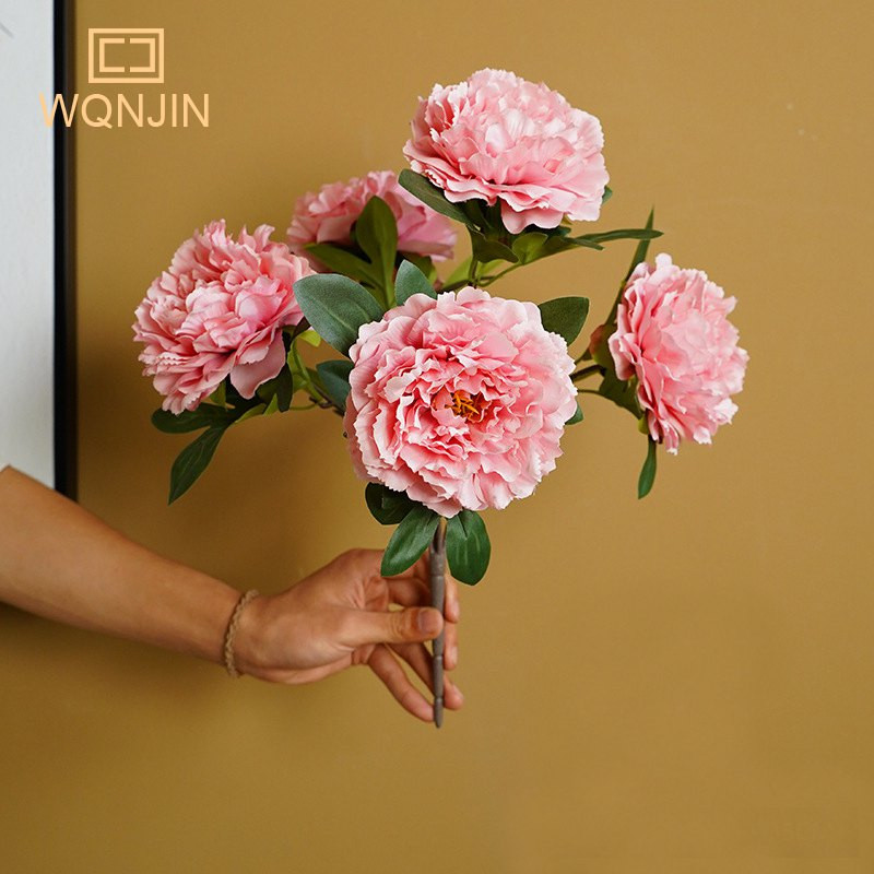 WQNJIN 5 Big Heads Rose Red Peony Τεχνητά λουλούδια Μπουκέτο ψεύτικο λουλούδι για το σπίτι Νύφη Στολισμός γάμου Διακόσμηση γάμου