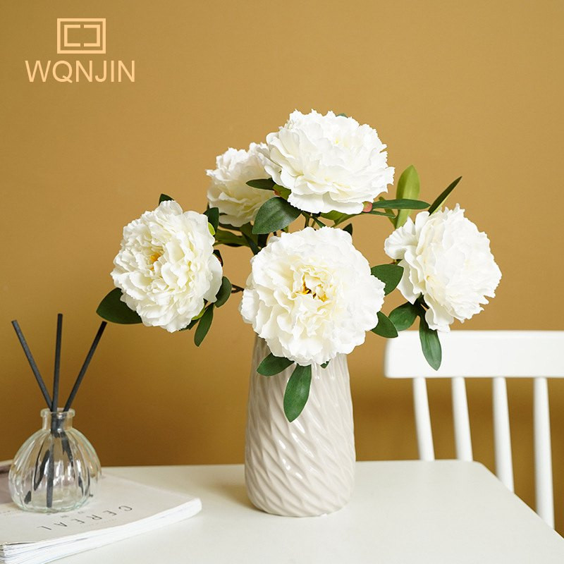 WQNJIN 5 Big Heads Rose Red Peony Τεχνητά λουλούδια Μπουκέτο ψεύτικο λουλούδι για το σπίτι Νύφη Στολισμός γάμου Διακόσμηση γάμου