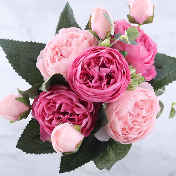 30 см розово бял копринен божур Букет от изкуствени цветя 5 големи глави 4 малки пъпки Евтини фалшиви цветя за сватбена декорация на дома