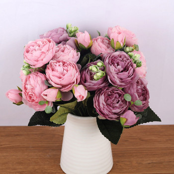 30 см розово бял копринен божур Букет от изкуствени цветя 5 големи глави 4 малки пъпки Евтини фалшиви цветя за сватбена декорация на дома