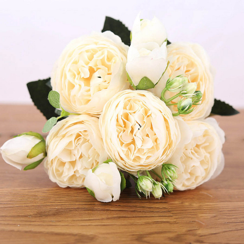 Μπουκέτο 30cm Ροζ Λευκό Μεταξωτό Παιώνια Τεχνητά Λουλούδια 5 Μεγάλα Κεφάλια 4 Μικρά Μπουμπούκια Φτηνά ψεύτικα λουλούδια για διακόσμηση σπιτιού γάμου