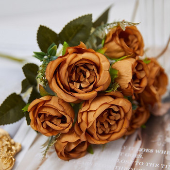 8 κεφαλές Vintage τεχνητά λουλούδια Φθινοπωρινές διακοσμήσεις για μετάξια σπιτιού Πράσινο τριαντάφυλλο παιώνιας Fake Flower Fall Fall Wedding Party Bouquet DIY
