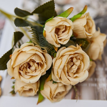 8 κεφαλές Vintage τεχνητά λουλούδια Φθινοπωρινές διακοσμήσεις για μετάξια σπιτιού Πράσινο τριαντάφυλλο παιώνιας Fake Flower Fall Fall Wedding Party Bouquet DIY