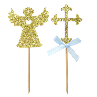 24 de bucăți în formă de înger și cruce pentru tort, alegeri de hârtie pentru tort, decorațiuni pentru cupcake, decorațiuni pentru decorațiuni pentru baby shower, pentru petreceri