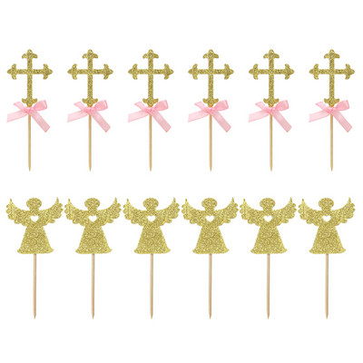 24 de bucăți în formă de înger și cruce pentru tort, alegeri de hârtie pentru tort, decorațiuni pentru cupcake, decorațiuni pentru decorațiuni pentru baby shower, pentru petreceri