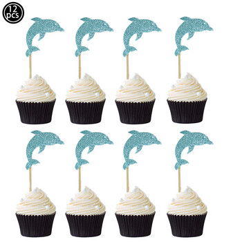 Μπλε Glitter Dolphin Cupcake Toppers Baby Shower Birthday Under the Sea Theme Διακοσμήσεις για πάρτι Αγόρι Κοριτσάκι Birthday Cake Toppers