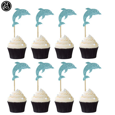 Kék csillogó delfin cupcake topperek Baby Shower Születésnapi Tengeralatt Téma Party Dekorációk Fiú Lány Születésnapi Torta Feltétek