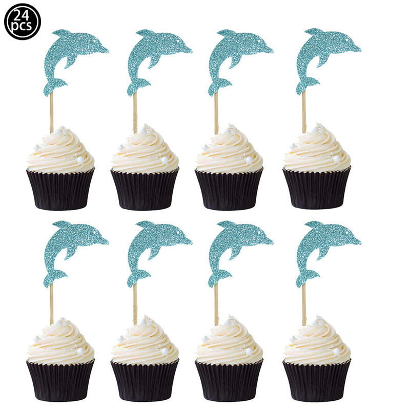 Kék csillogó delfin cupcake topperek Baby Shower Születésnapi Tengeralatt Téma Party Dekorációk Fiú Lány Születésnapi Torta Feltétek