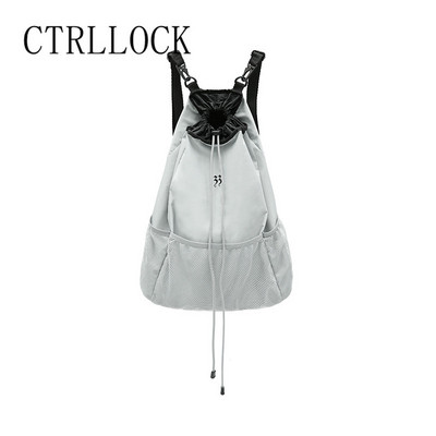 CTRLLOCK Techwear Normcore pelēka neilona viegla, liela ietilpības tīkla mugursoma sievietēm ar aukliņu kabatas skolas soma