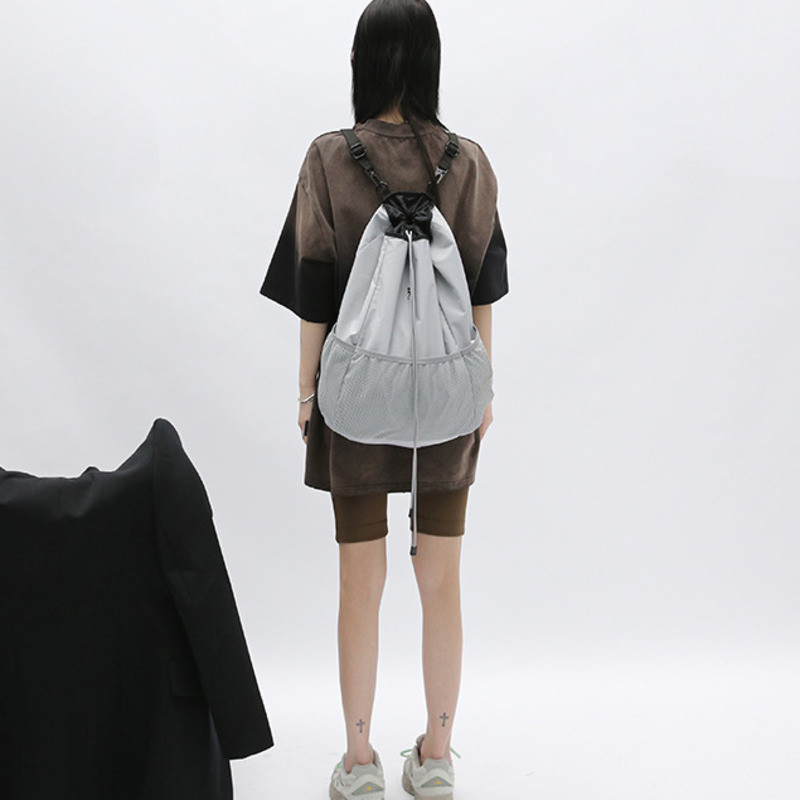 CTRLLOCK Techwear Normcore pelēka neilona viegla, liela ietilpības tīkla mugursoma sievietēm ar aukliņu kabatas skolas soma