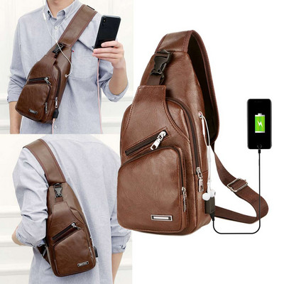 Férfi melltáska USB töltő Crossbody táskák Pu bőr válltáska átlós csomag háti csomag utazási kültéri futártáska