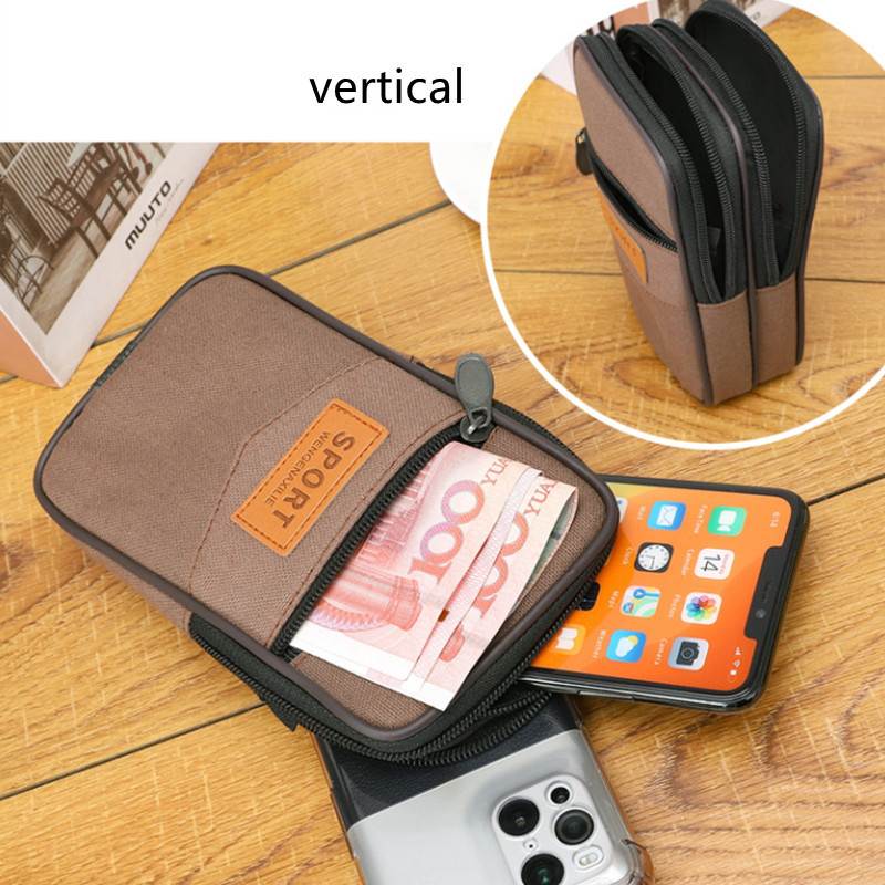 Vīriešu kanvas vidukļa soma Daudzfunkcionāla mobilā tālruņa soma, jostas komplekts Ikdienas trīsslāņu rāvējslēdzēja ūdensnecaurlaidīgs tālruņa maciņš