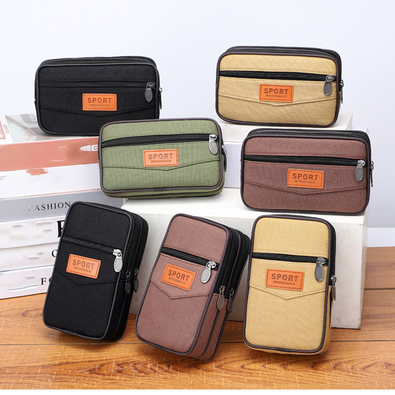 Vīriešu kanvas vidukļa soma Daudzfunkcionāla mobilā tālruņa soma, jostas komplekts Ikdienas trīsslāņu rāvējslēdzēja ūdensnecaurlaidīgs tālruņa maciņš