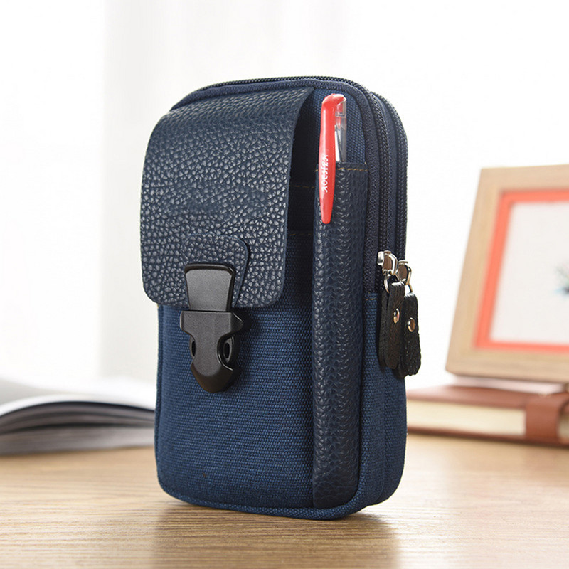 Férfi többfunkciós Fanny deréktáska vászon PU bőr telefon pénztárca Férfi üzleti kültéri sport utazási öv táska deréktáska