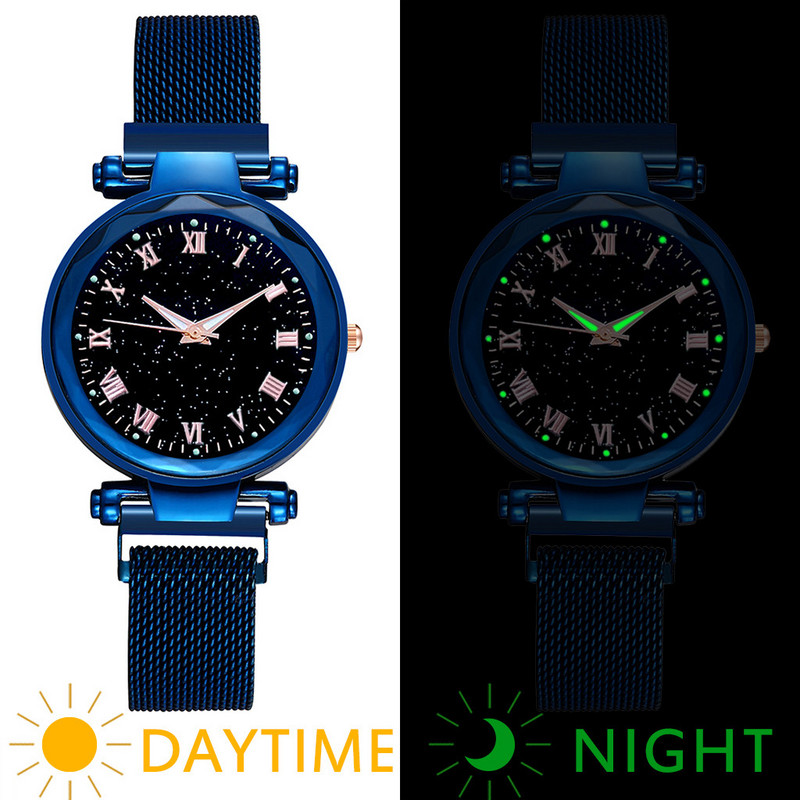 Sieviešu pulkstenis Luksusa zvaigžņots ciparnīcas kristāla nerūsējošā tērauda sieta magnētiskā josta Sieviešu kvarca pulksteņi dāvanai Sieviešu gaismas pulksteņi ar rokām