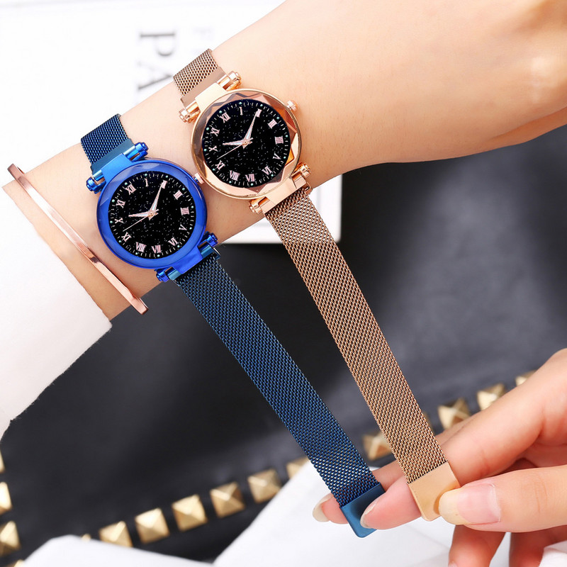 Sieviešu pulkstenis Luksusa zvaigžņots ciparnīcas kristāla nerūsējošā tērauda sieta magnētiskā josta Sieviešu kvarca pulksteņi dāvanai Sieviešu gaismas pulksteņi ar rokām