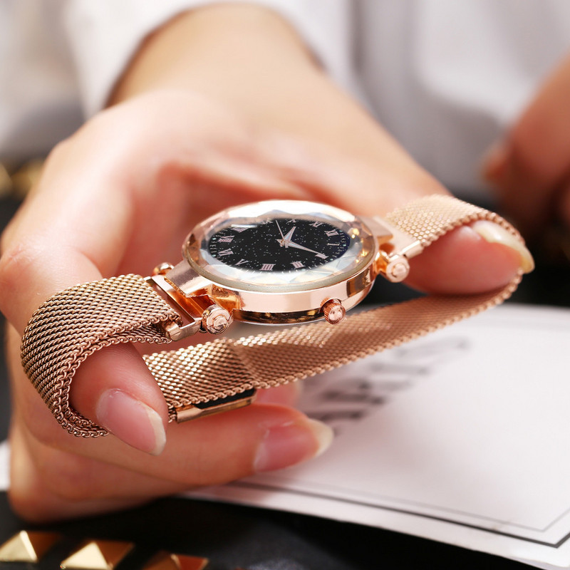 Sieviešu pulkstenis Luksusa zvaigžņots ciparnīcas kristāla nerūsējošā tērauda sieta magnētiskā josta Sieviešu kvarca pulksteņi dāvanai Sieviešu gaismas pulksteņi ar rokām