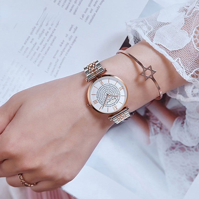 Női karórák Legjobb márka luxus 2021 divatos gyémánt női karórák rozsdamentes acél ezüst hálós szíjas női kvarc óra