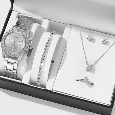 Set 6 bucăți ceas de lux femei inel colier cercei strass modă ceas de mână femei casual ceasuri damă set brățară ceas
