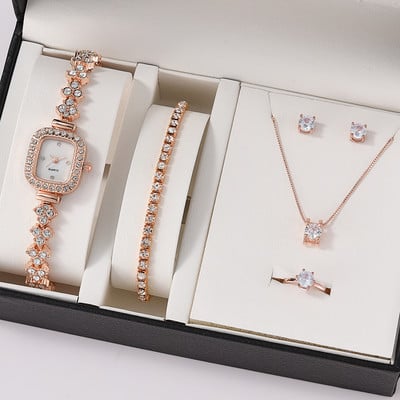 6 db-os szett Luxus óra Női Gyűrűs Nyaklánc Fülbevaló Strasszos Divat Karóra Női Alkalmi Női Órák Karkötő Szett Óra