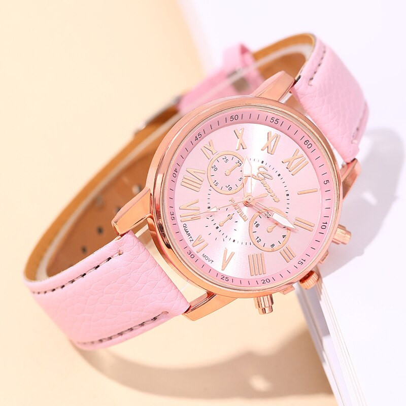 2023 m. Ženevos mados moteriški rožiniai odiniai laikrodžiai Unisex kvarcinis rankinis laikrodis moterims, kasdienis verslo laikrodis Relogio Feminino