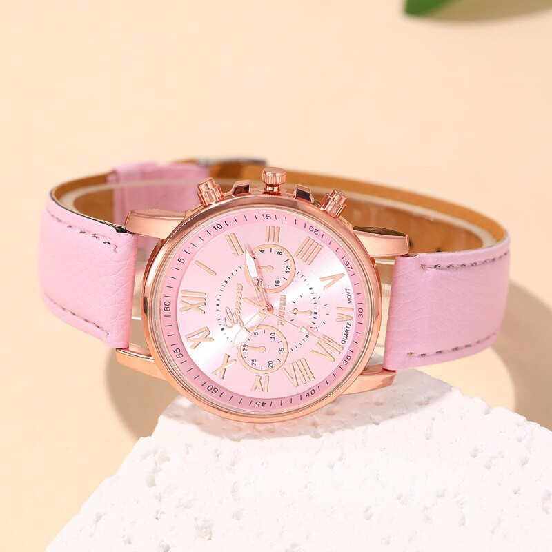 2023 m. Ženevos mados moteriški rožiniai odiniai laikrodžiai Unisex kvarcinis rankinis laikrodis moterims, kasdienis verslo laikrodis Relogio Feminino