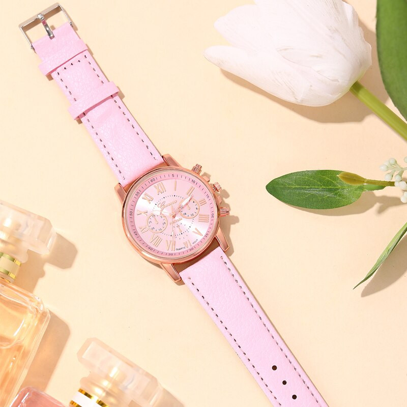 2023 m. Ženevos mados moteriški rožiniai odiniai laikrodžiai Unisex kvarcinis rankinis laikrodis moterims, kasdienis verslo laikrodis Relogio Feminino