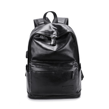 Ανδρικό δερμάτινο σακίδιο πλάτης USB Αντικλεπτική φόρτιση Μεγάλη σχολική τσάντα αγοριού Σχολική τσάντα πλάτης Μαύρη τσάντα