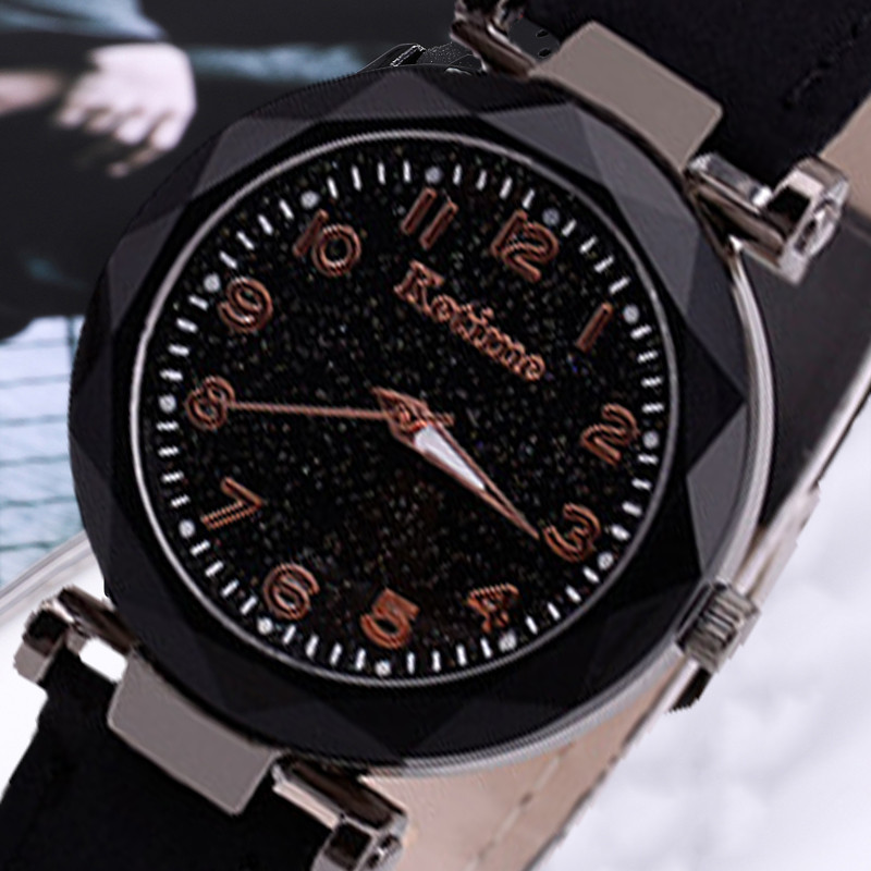 Black Starry Sky Bright sieviešu pulkstenis Korejas rozā zelta kvarca pulkstenis sieviešu pulkstenis Modes ādas pulkstenis ar jostu