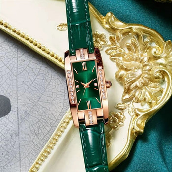 Γυναικεία ρολόγια Fashion Square Γυναικεία ρολόγια χαλαζία Σετ βραχιόλι πράσινο καντράν Απλό δερμάτινο πολυτελές γυναικεία ρολόγια