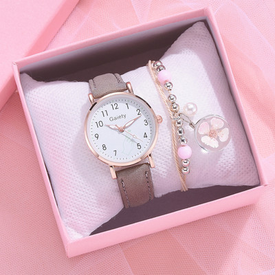 Modes pulksteņu rokassprādze Sieviešu jauns kvarca pulksteņu komplekts Meiteņu modes melnas jostas apaļais pulkstenis un rozā kulonu rokassprādze