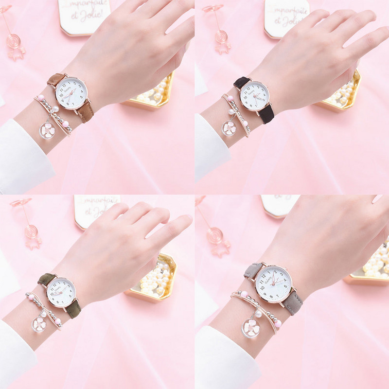 Modes pulksteņu rokassprādze Sieviešu jauns kvarca pulksteņu komplekts Meiteņu modes melnas jostas apaļais pulkstenis un rozā kulonu rokassprādze