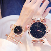 Πολυτελές γυναικείο ρολόι Starry Sky Dial Δερμάτινο ρολόι Quartz Σετ βραχιόλι ρολόγια χειρός