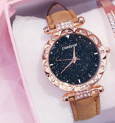 Πολυτελές γυναικείο ρολόι Starry Sky Dial Δερμάτινο ρολόι Quartz Σετ βραχιόλι ρολόγια χειρός