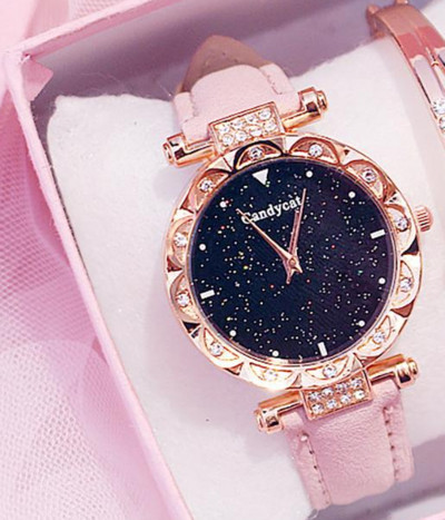 Πολυτελές γυναικείο ρολόι Starry Sky Dial Δερμάτινο ρολόι Quartz Σετ βραχιόλι ρολόγια χειρός